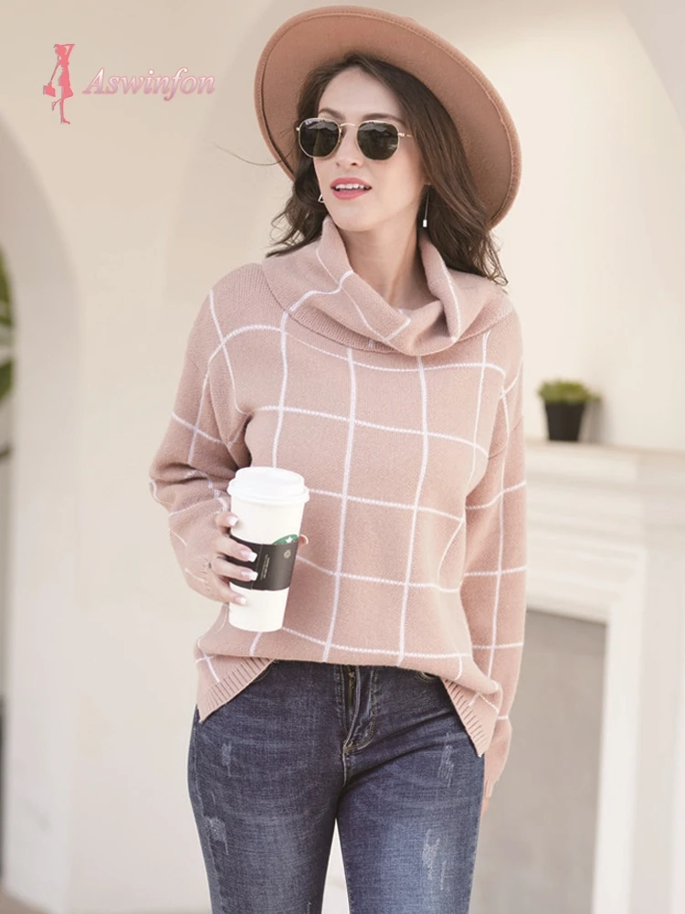 Aswinfon Checkered Turtleneck Sweater Women Loose Knitted Pullovers Autumn Winter Knit Pullover Long Sleeve Jumper Lady | Женская одежда