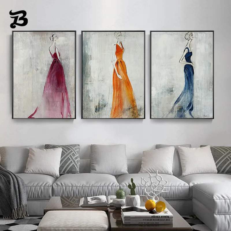 

Canvas Painting Colorful Abstract Women In Dress Vintage Minimalist Canvas Posters Print Wall Art Decorative Pictures Wall Decor