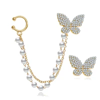 clips on crystal pearls butterfly korean earring bead ear cuff long tassels charm elegant earrings for women gold clip jewelry