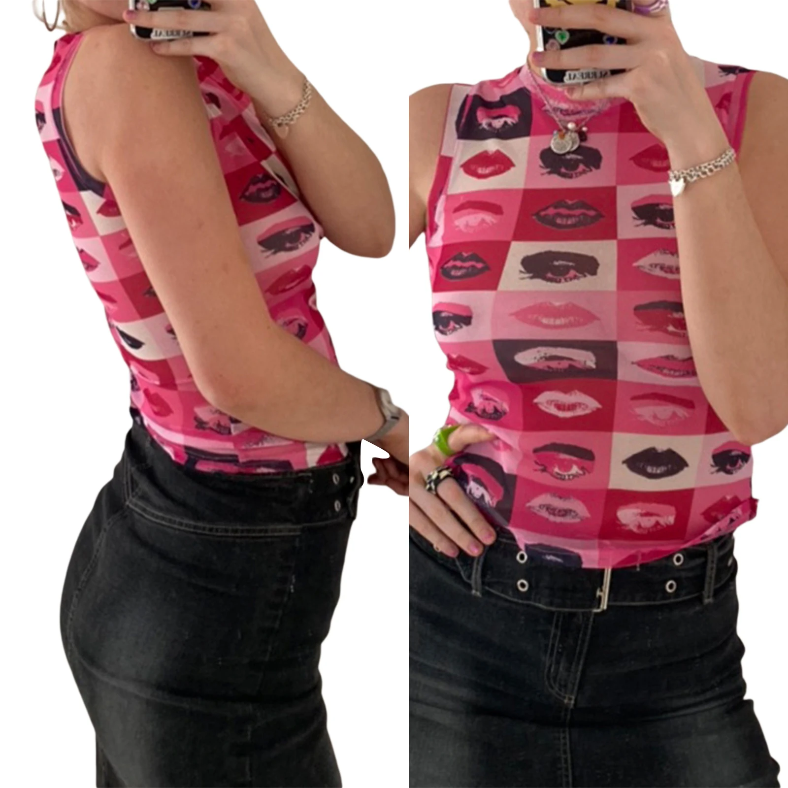 

Women's Round Neck Tank Tops, Sheer Mesh Sleeveless Lips Eyes Graphic Slim Fit T-Shirts