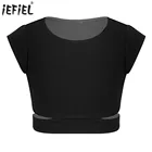 Детские топы для девочек, летняя модная однотонная короткая футболка, эластичные укороченные топы с вырезом на талии для балетных танцев, выступлений и тренировок