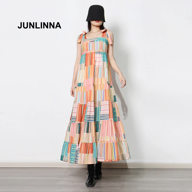 

JUNLINNA Runway Fashion Women Spaghetti Strap Dress 2022 Summer Square Collar Colirful Striped Print Bow Long Beach Vestidos