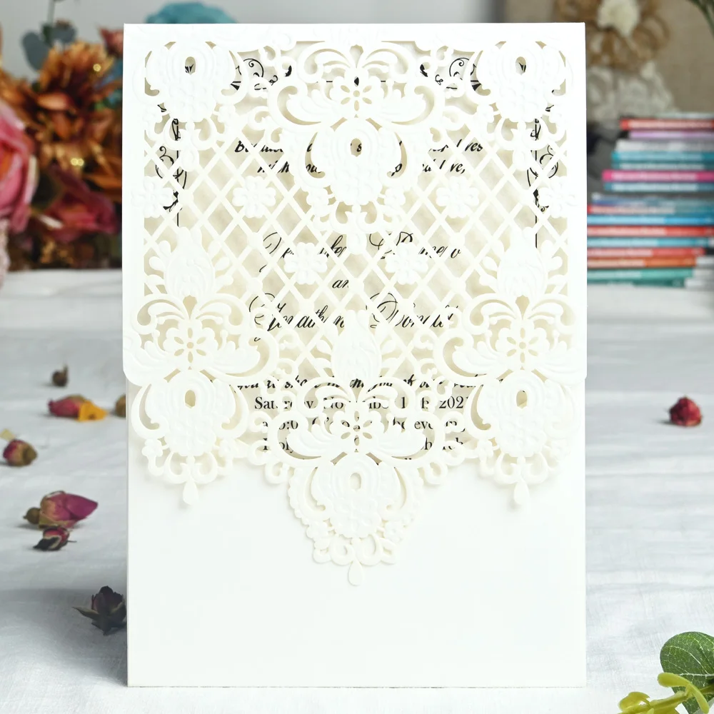 

50PCS White Wedding Invitations with Pearlescent Inner Card and RSVP Card Engagement for Marriage Bridal Shower,Customizable