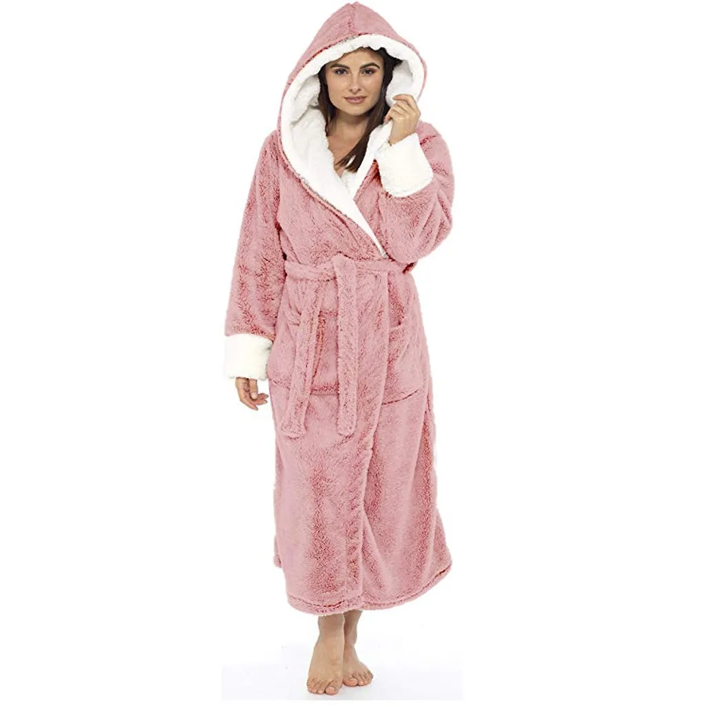 

Winter Plush Bath Robe Women sleepwear hooded pijama Bathrobe Home Clothes Long Sleeve Robe Coat pyjamas women d91120