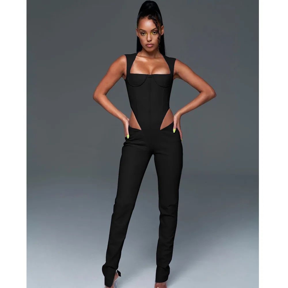 

Women Summer Fashion Luxury Sexy Square Collar Cut Out Black Bodycon Bandage Jumpsuit 2021 Celebrity Designer Bodycon Rompers