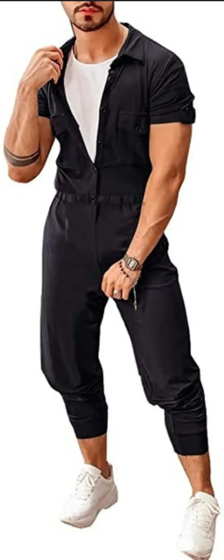 Мужской комбинезон на пуговицах однотонный с короткими рукавами и брюками