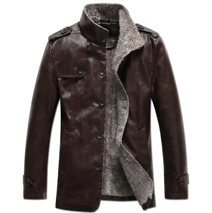 brown color Новая мода, мужские зимние топы, длинный рукав, меховой пояс, искусственная кожа, куртка с высоким воротом, овчина, пальто, шерстяная подкладка, куртка-бомбер для мужчин, DB028 - Цвет: brown color