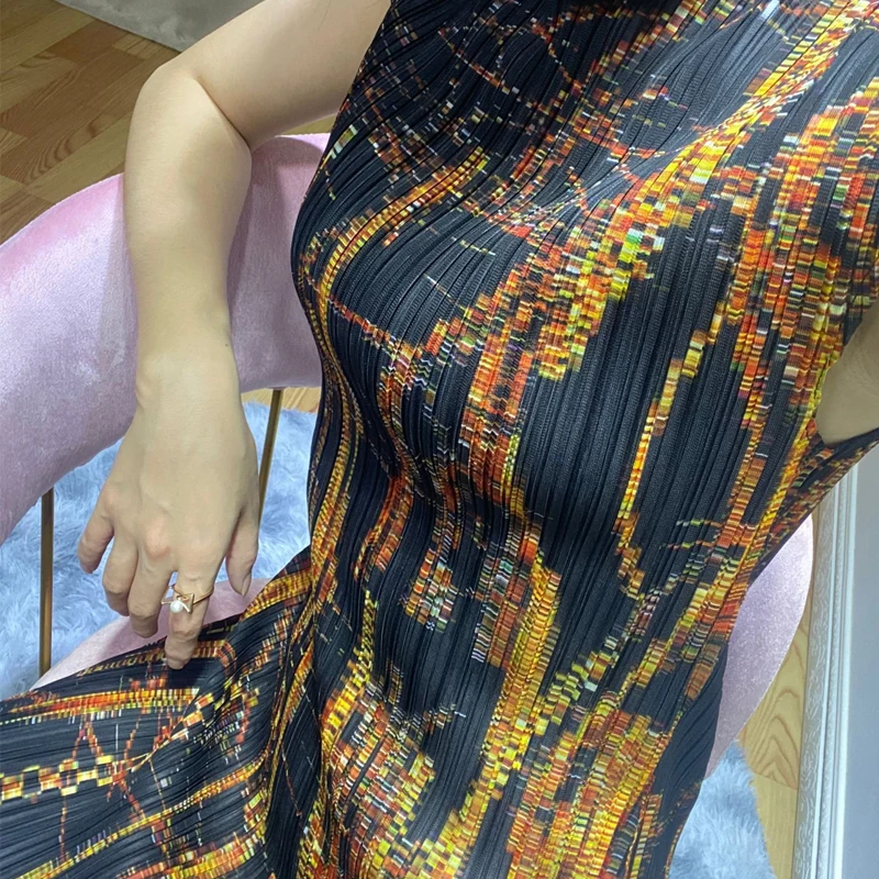 Changpleat новые женские платья с принтом Miyak Плиссированное модное дизайнерское приталенное женское элегантное платье с О-образным вырезом и эластичной талией D9087