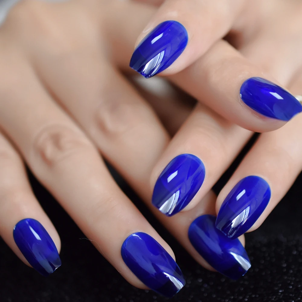 Глянцевый синий пресс на поддельные ногти гроб 24 шт УФ гель балерины накладные