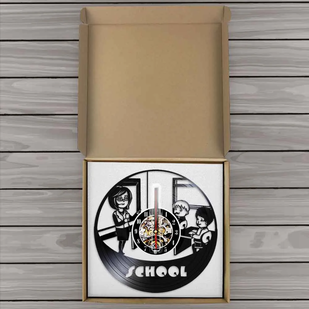 

Creative Kindergarten School Nusery Wall Clock Made Of Real Vinyl Record Teacher And Student Vinyl 3D Wall Watch Modern Designed