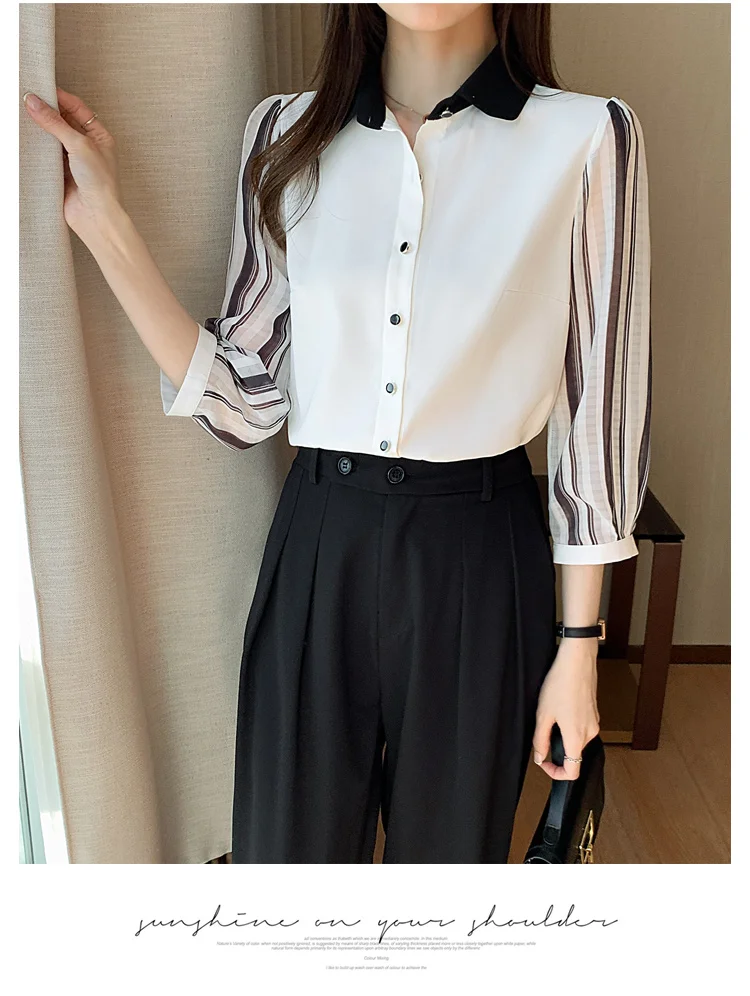 

Chiffon Women's Blouse Striped Polo Girl's Shirt New Korean Fashion Long Sleeve Top Summer Casual Lady Blusas Button Houthion
