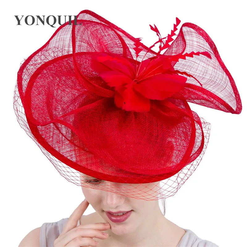 

Kentucky Derby Red Fascinator Hats Headbands Elegant Women Headpiece High Quality Sinamay Hat Ladies Event Mesh Millinery SYF111