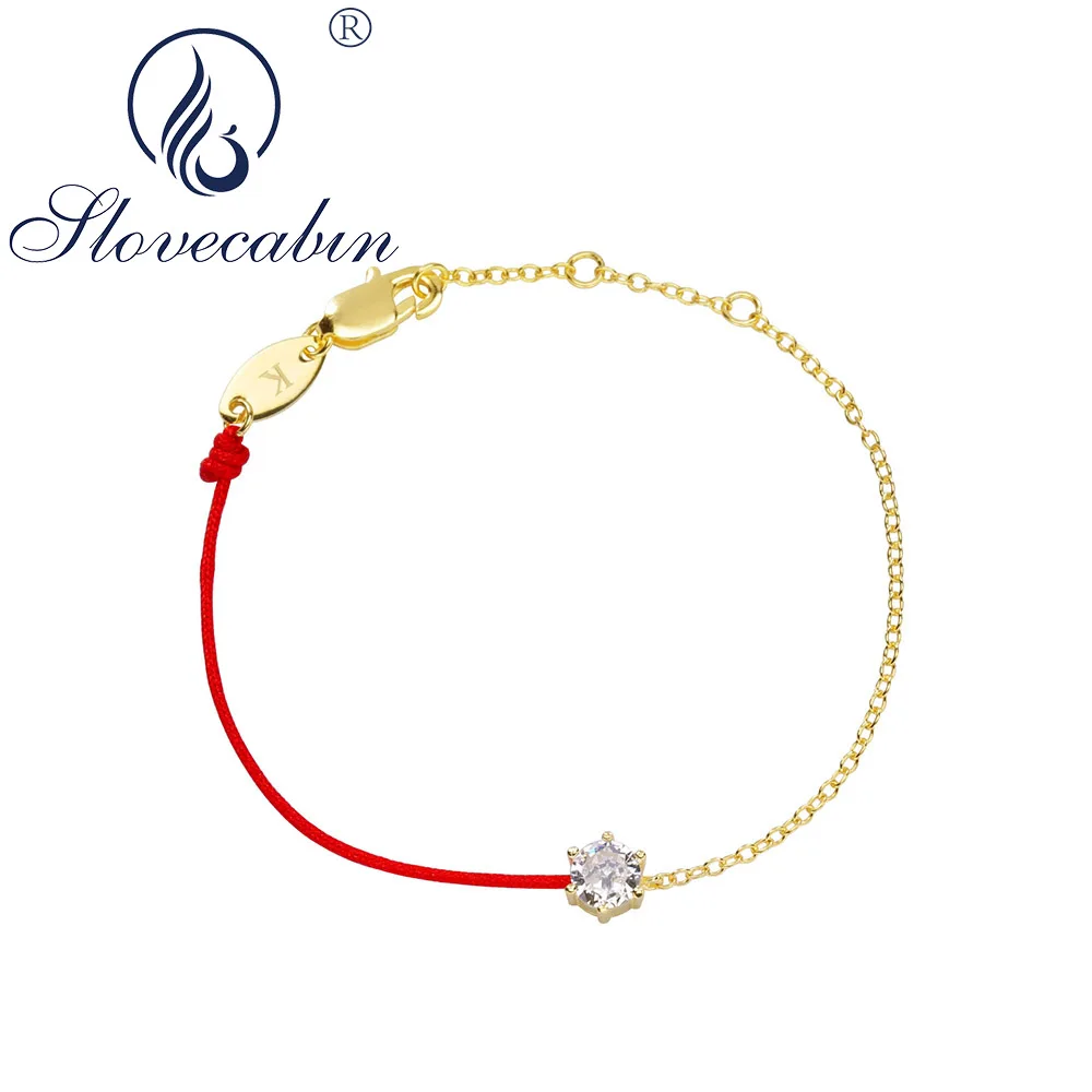 Slovecabin Authentic 925 Sterling Silver Redline Red Rope Bracelets With Crystal Clear CZ Thread Link Chain Women Bracelet Gift