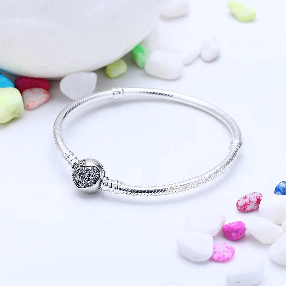 

925 Sterling Silver pan Bracelet Crystal Love Heart Clasp Snake Chain Bracelets Bangle Fit Bead Charm Diy Fashion Jewelry