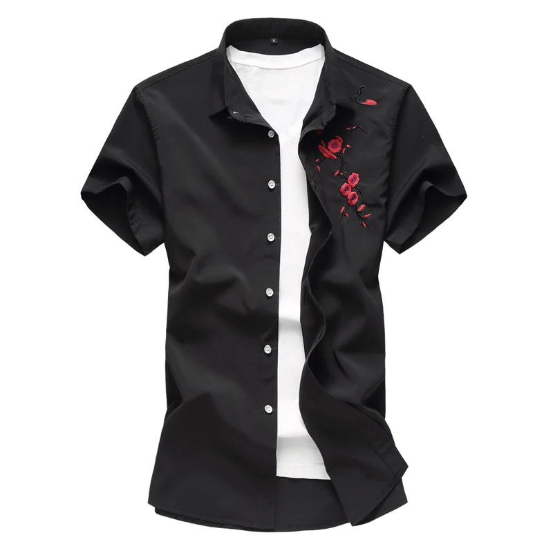 

Рубашка мужская с коротким рукавом, модная повседневная сорочка с вышивкой и принтом сливы, мягкая удобная блуза, лето