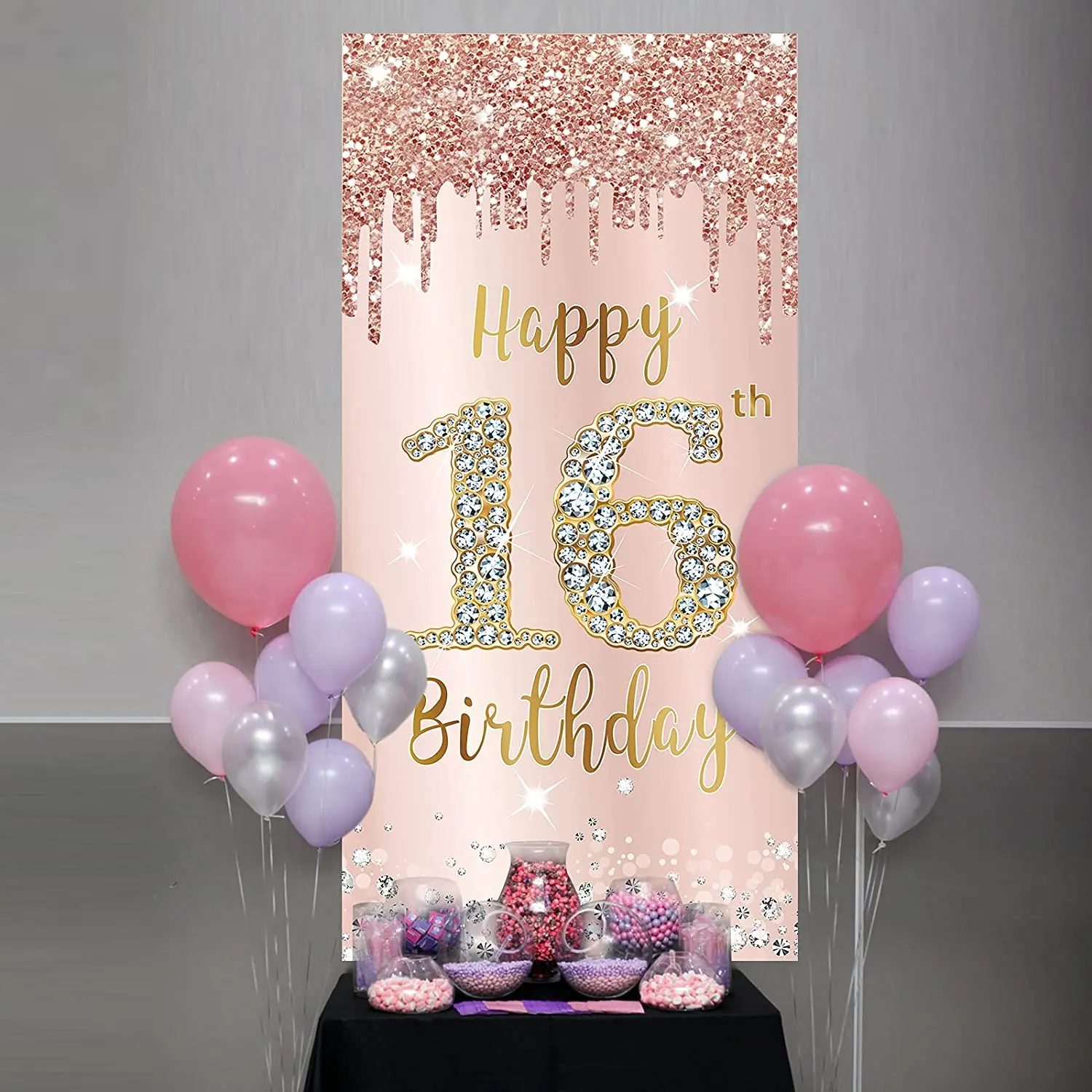 

16th Birthday Door Banner Decora for Girls, Pink Rose Gold Sweet 16 Door Cover Backdrop Party,Sixteen Year Old Birthday Poster