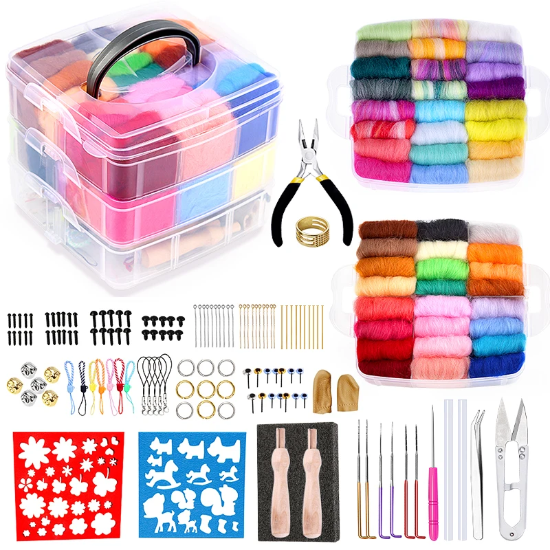 

LMDZ 48 Colors Needle Felting Kit Wool Roving Fibre Yarn Set Wool Felt Tools and Foam Mat for Felting Materials Box Accessories
