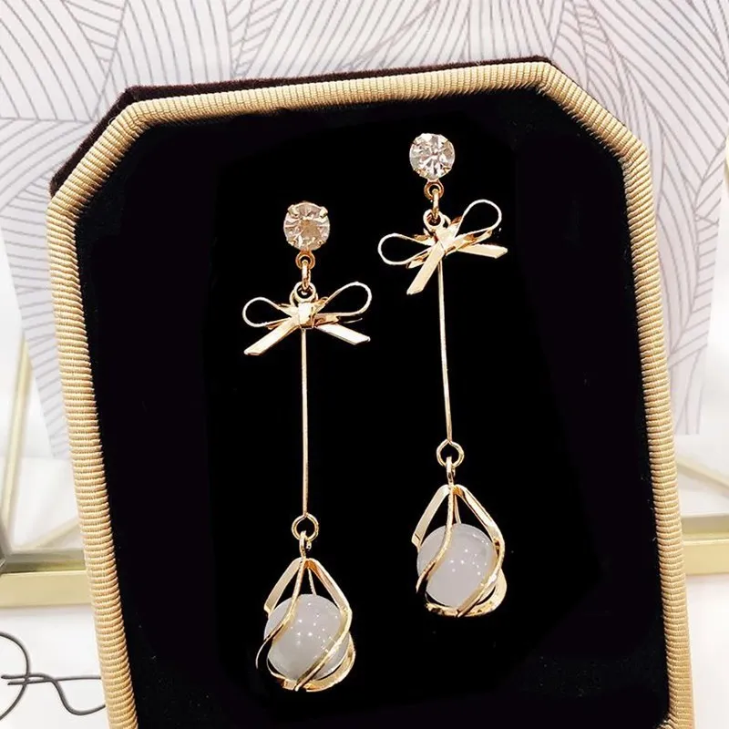 

Han edition bowknot opal earrings, 925 silver needle contracted joker hipster eardrop long earrings female temperament