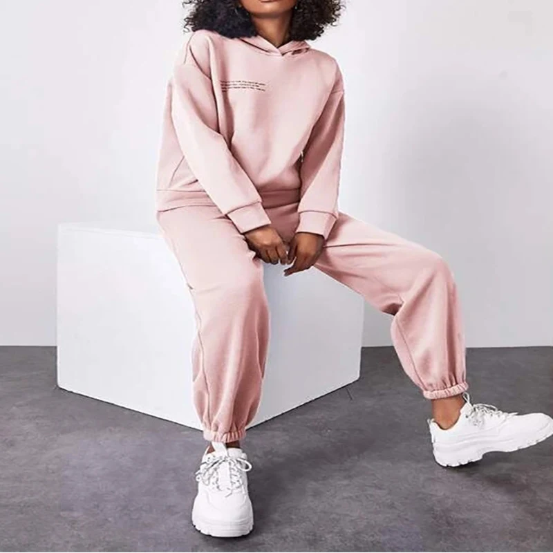 

2021 autumn and winter new style women's urban leisure sports sweater hooded long sleeve ox tendon shrink print set