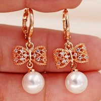 bohemian dangle drop pearl earrings for women s earrings white zircon gold filled bow jewelry party wedding accessories gift