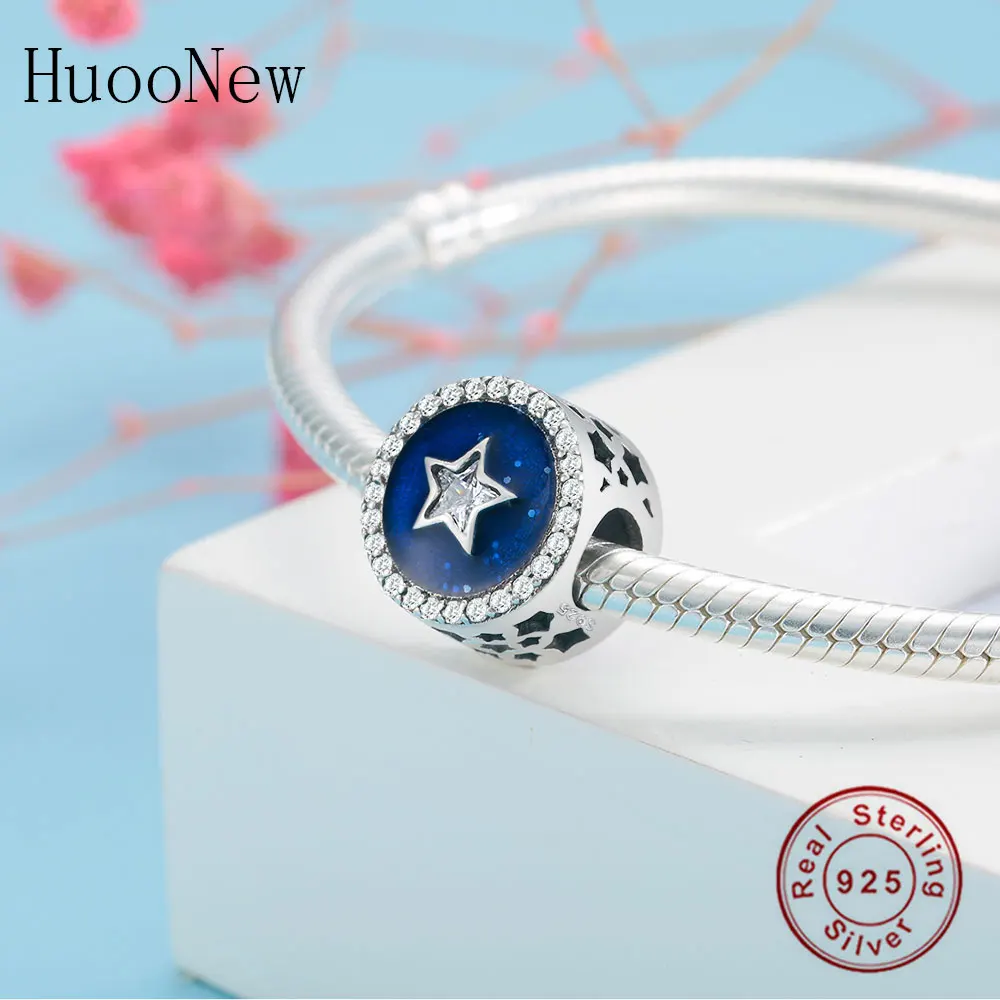 Blue Enamel Round Clear Zircon Star Beads Fit Original Pulseiras Charms Bracelet 925 Sterling Silver Jewelry Summer Gift | Украшения и