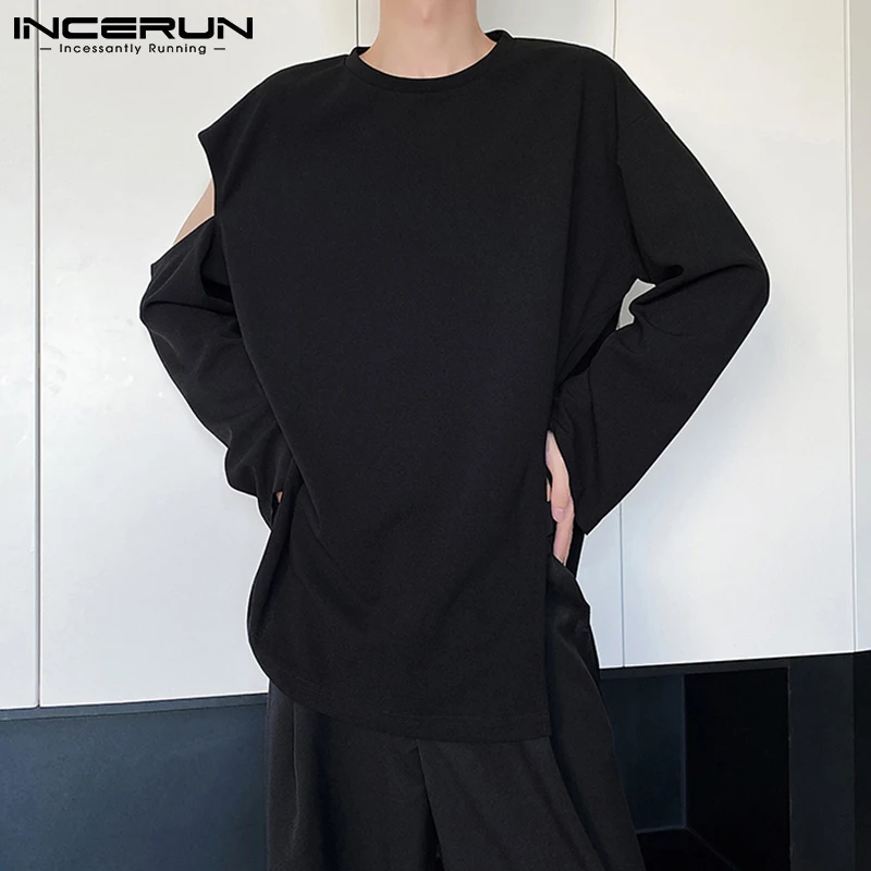 INCERUN Korean Style Tops Stylish Casual Streetwear New Men's Shoulder Digging Torn T-shirt Design Sense Long-sleeved Tees S-5XL
