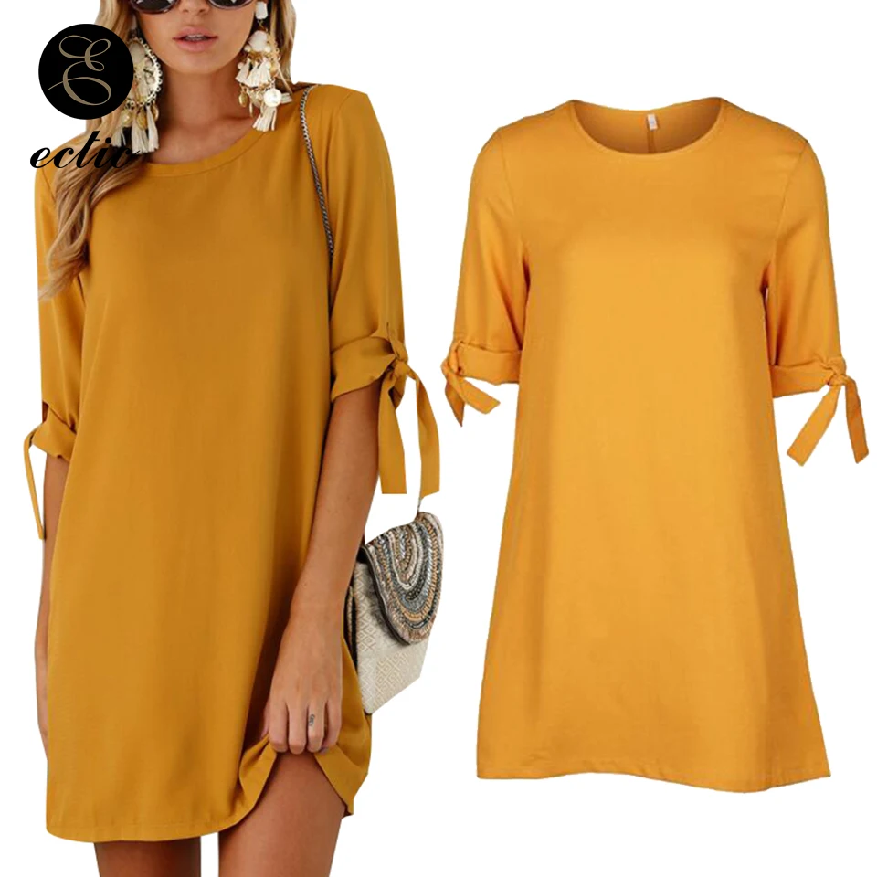 

Mustard Yellow Women Dress Knot Cuff Sukienka Office Wear Dress Ladies Robe Femme Ete 2021 Mini Plain Short Dress Elegant Party