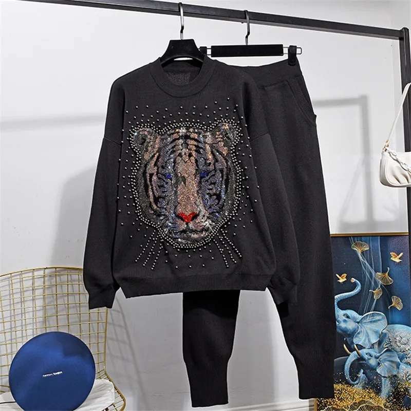 Осенний Модный трикотажный спортивный костюм женский пуловер с изображением