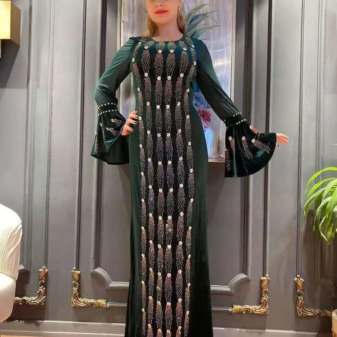 

Velvet Fabric Green Party Dress Club Dresses Sexy Party African Muslim Dress Flare Sleeve ropa de mujer 2022 Fashion