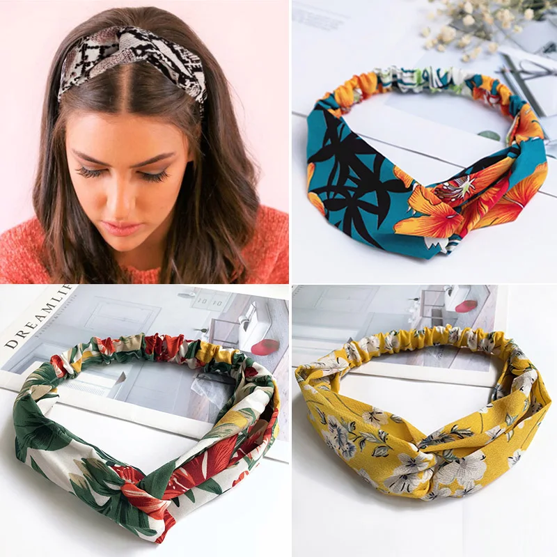 2020 Fashion Cross Knot Headbands Flower Print Elastic Hair Bands Ties Scarf Ribbon Headwear Women Hair Accessories Head Wrap