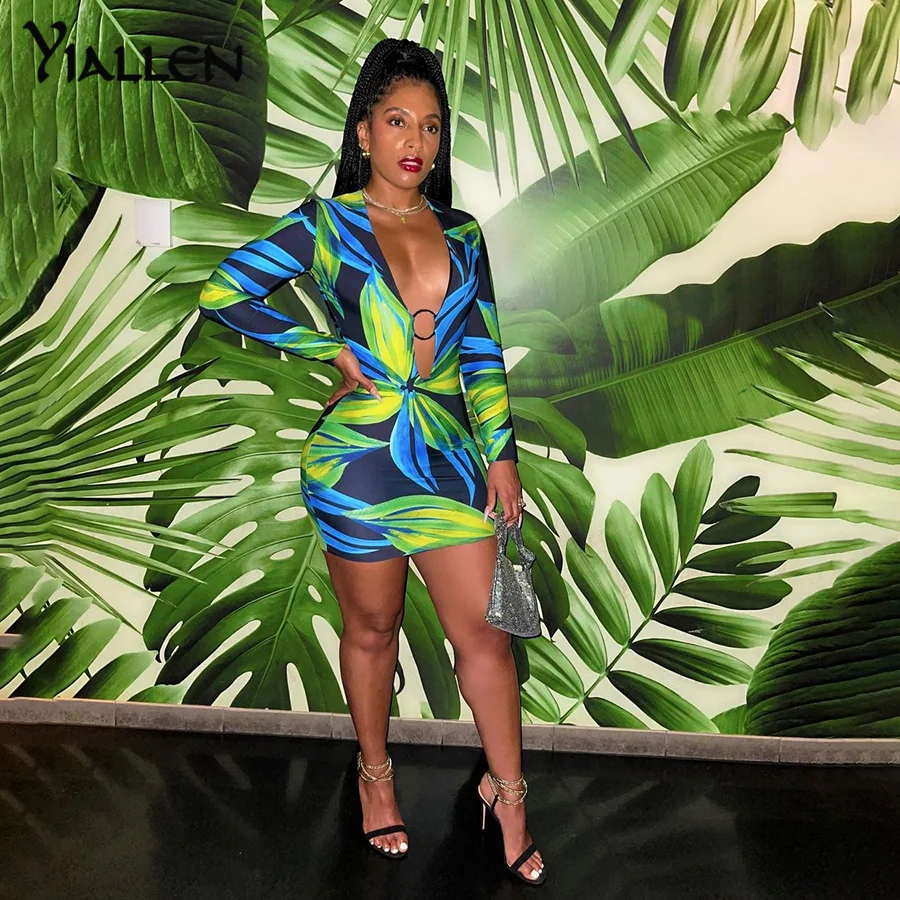 

Yiallen New Fashion Casual Sexy V Neck Low Chest Long Sleeve Mini Bodycon Dress Y2K Club Night Streetwear Women Activewear Hot