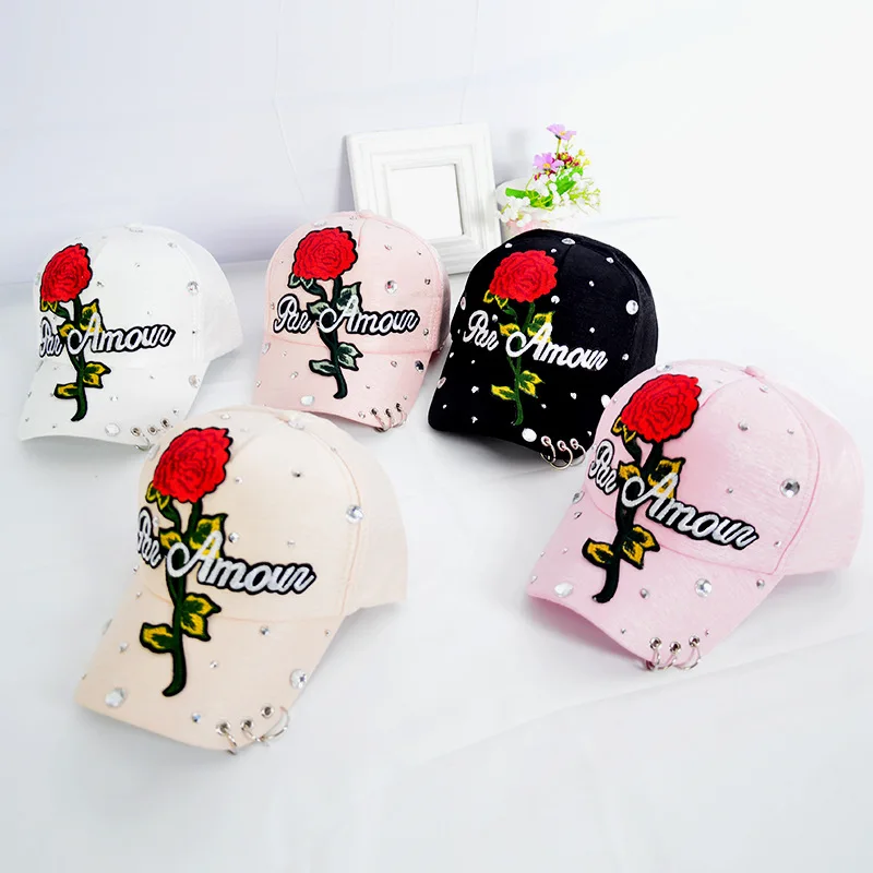 Glitter Ponytail Baseball Cap Women Hat Summer Hat Female Adjustable Hip Hop Hats 3D Rose Flowers Embroidery Sequins Decor