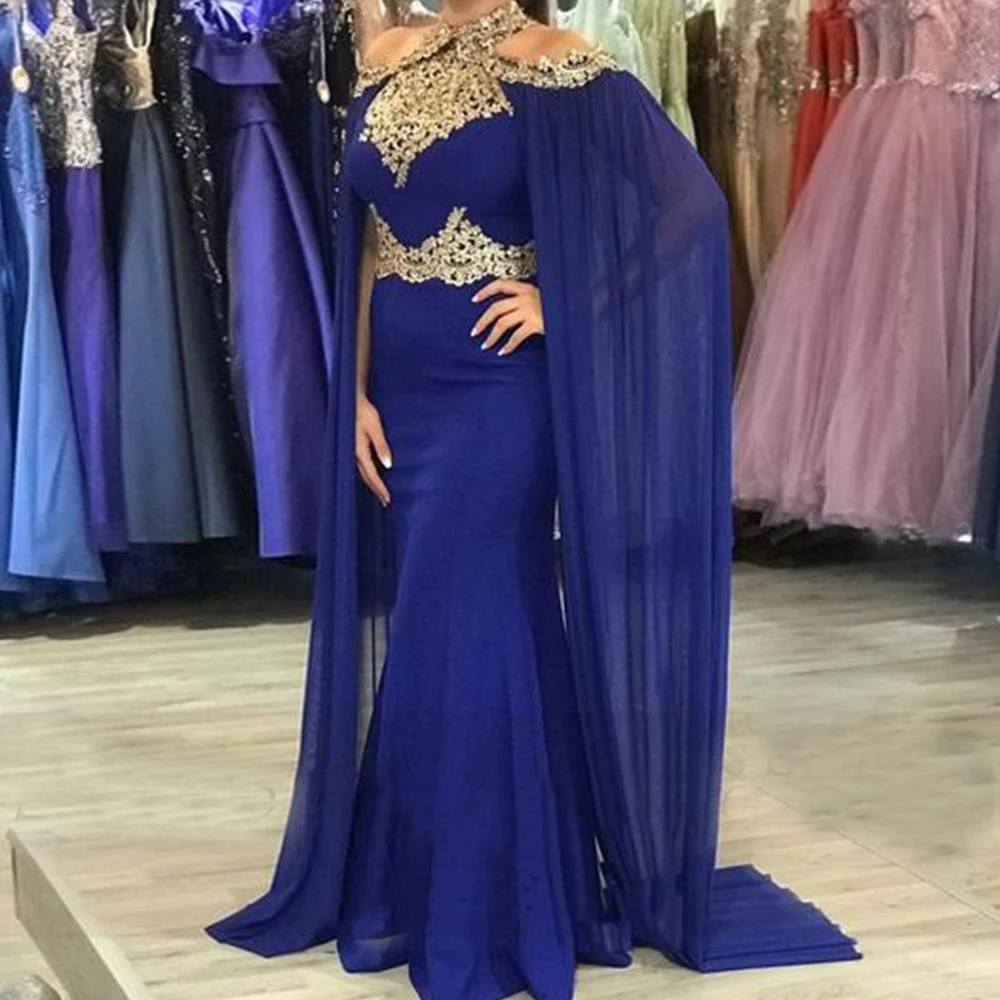 

Женское вечернее платье-русалка, темно-синее золотистое кружевное платье с лямкой на шее и длинными рукавами, платье для выпускного вечера