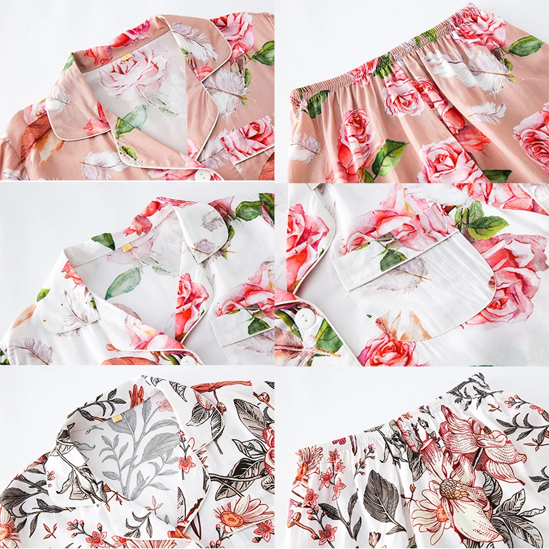 Cotton Pajamas Set Women Floral Pyjamas Sets Womens Ladies Pijamas Set Silky Summer Lounge Wear Pajamas Short Sleeve Pj Set