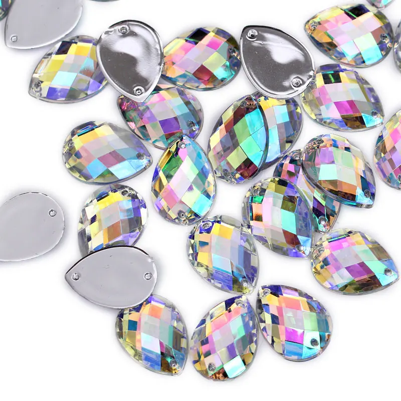 Акриловые каплевидные Стразы всех размеров с 2 отверстиями для шитья Кристальные