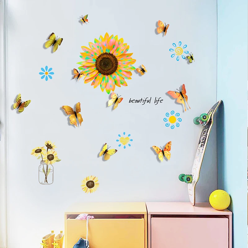 

Sunflower Wall Sticker Removable Flower Decal Waterproof 3d Floral Butterfly Wallpaper For Kids Baby Bedroom Living Room Decor