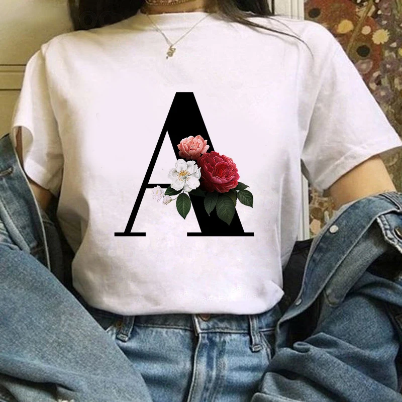 

26 Alphabet Letter With Flowers 2020 New Summer Casual Female T-Shirt Women T-shirt Harajuku Casual White Tops Tees Women