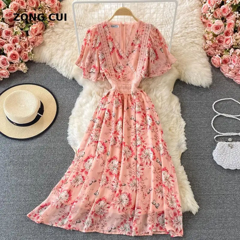 

Женское Шифоновое Платье макси с принтом, элегантное и милое вечернее платье миди составного кроя с V-образным вырезом и кружевом, платье с ш...