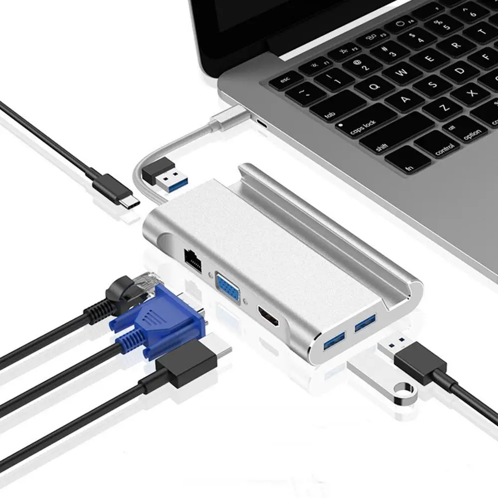 7 в 1 USB C 3 Тип до 4K совместимому с HDMI VGA Rj45 Gigabit Ethernet портами (стандарт 0 Порты и