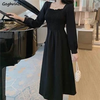 dress womens square collar vintage elastic retro plus size 3xl high waist mid calf french style ulzzang chic fashion ins design