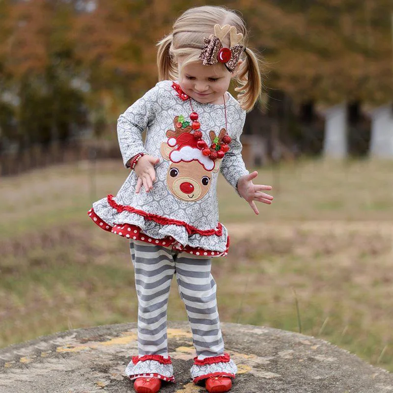 Kids clothing suit girls Christmas suit 2021 New Year Christmas girls long-sleeved elk top + striped trousers 2PCS1-4 years old