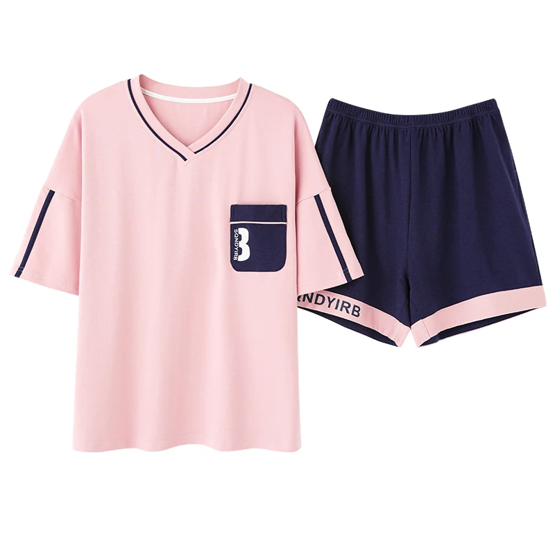 

BZEL Pink V-Neck Pajamas Set For Women Comfortable Cotton Sleepwear Sweet Girls Home Wear New Summer Nighty Loose Pijamas Pyjama