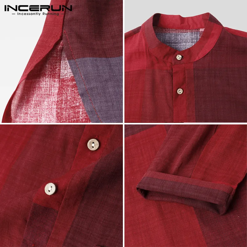 

Muslim Plaid Men Islamic Kaftan Stand Collar 2021 Long Sleeve Robes Arabic Vintage Casual Caftan Cotton Men Jubba Thobe INCERUN