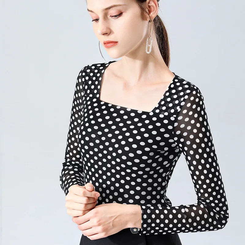 

Autumn women's wear Polka Dot square collar top long sleeve foreign style small shirt temperament mesh bottom coat