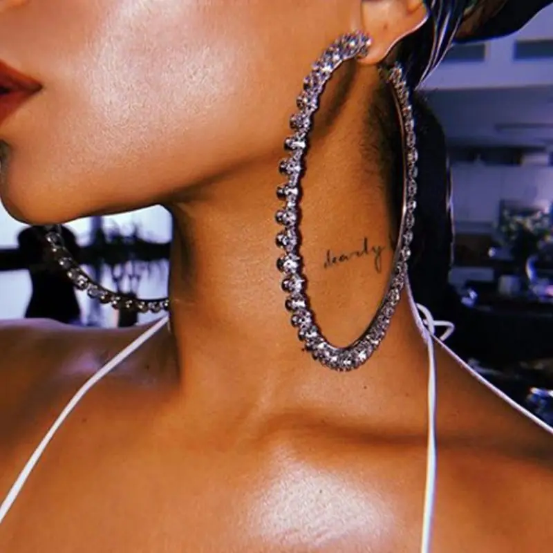 Женские круглые серьги-кольца 2-10 см золотые сияющие стразы с кристаллами модные