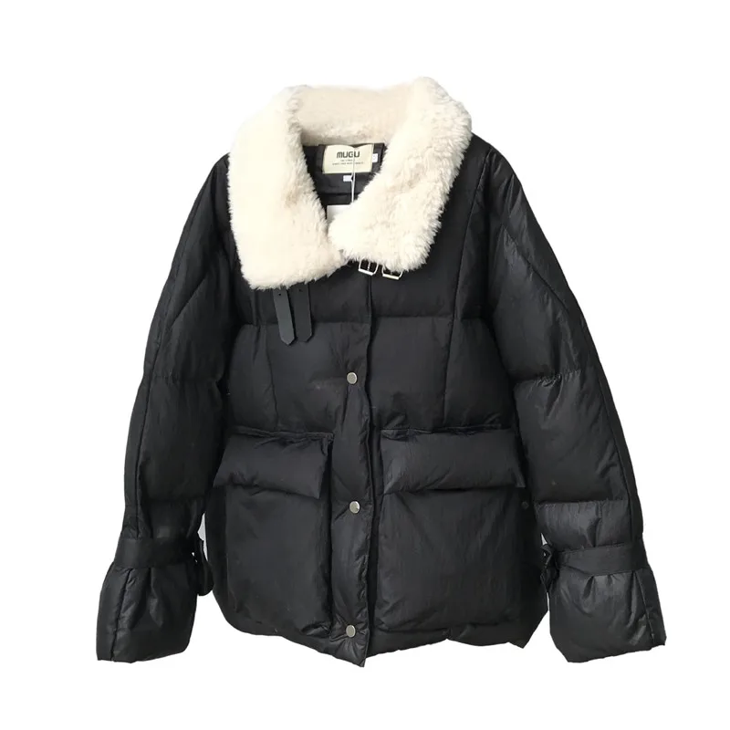 CRRIFLZ женские зимние куртки короткие овечья шерсть с отворотом теплый уплотненный