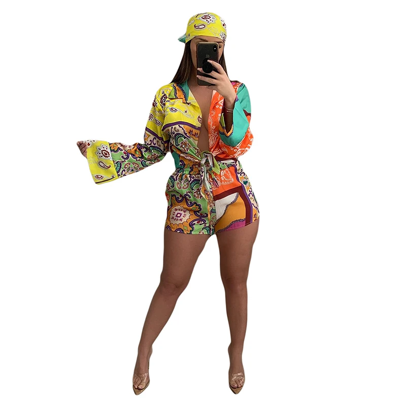 

Kricesseen Sexy Print Two Pieces Shorts Set With Scarf Women Long Sleeve Top And High Waist Shorts Suits Matching Set Outfits