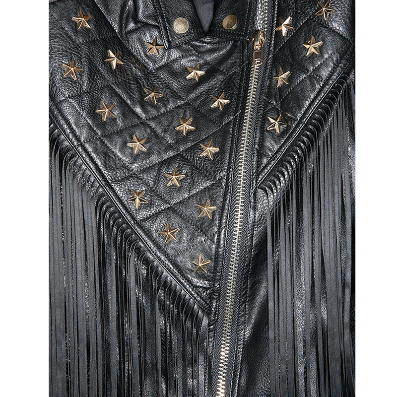 

Women Autumn Original Novelty Design Personality Long Tassel Rivets PU Leather Short Motorcycle Leather Female Jackets LXT227