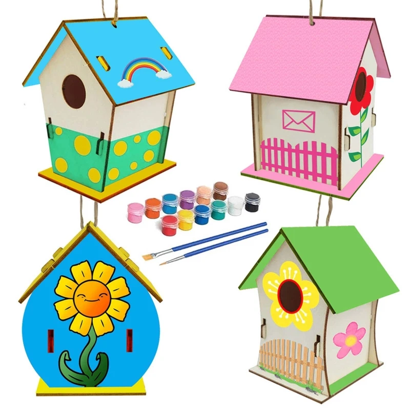 

4 Pcs DIY Bird House Painting Kit Building Wooden Birdhouse Box Art Craft Decor 203C