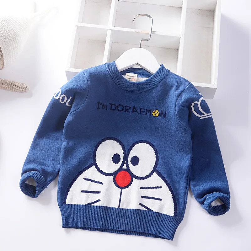 Doraemon-Blue Зимние Рождественские свитера для маленьких мальчиков, топы с вышивкой Микки, Осенний детский вязаный костюм, вязаные милые пальто для мальчиков - Цвет: Doraemon-Blue